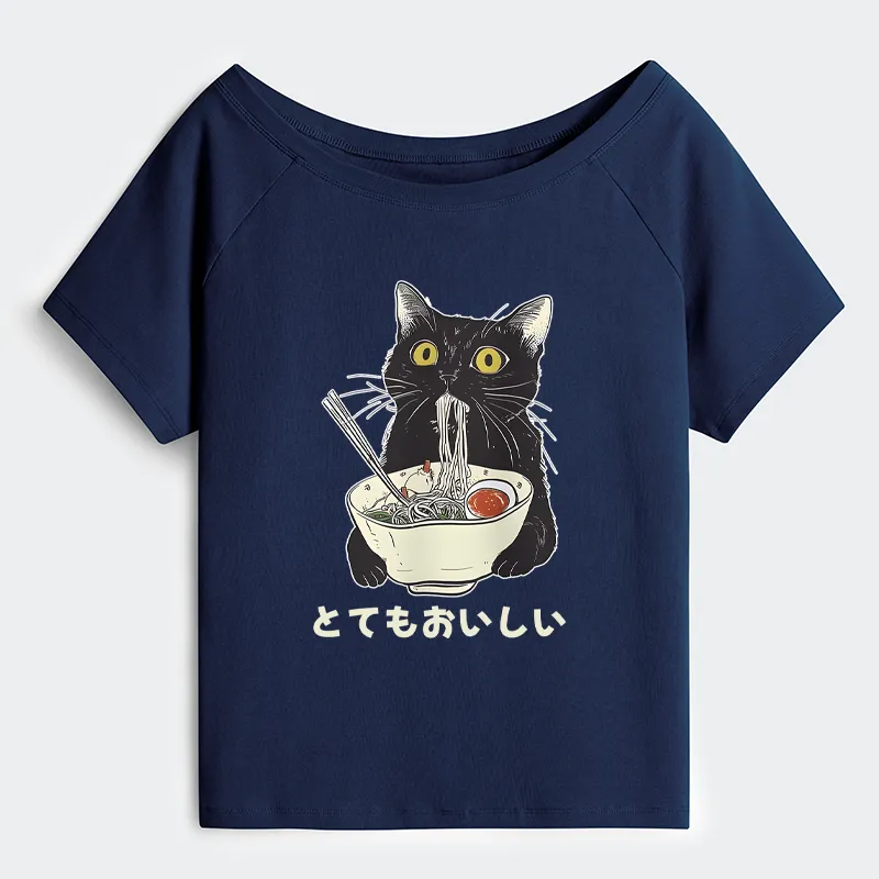 Tokyo-Tiger Cats Eat Ramen Noodles Off Shoulder T-Shirt