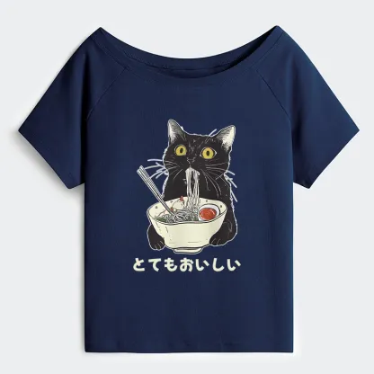 Tokyo-Tiger Cats Eat Ramen Noodles Off Shoulder T-Shirt