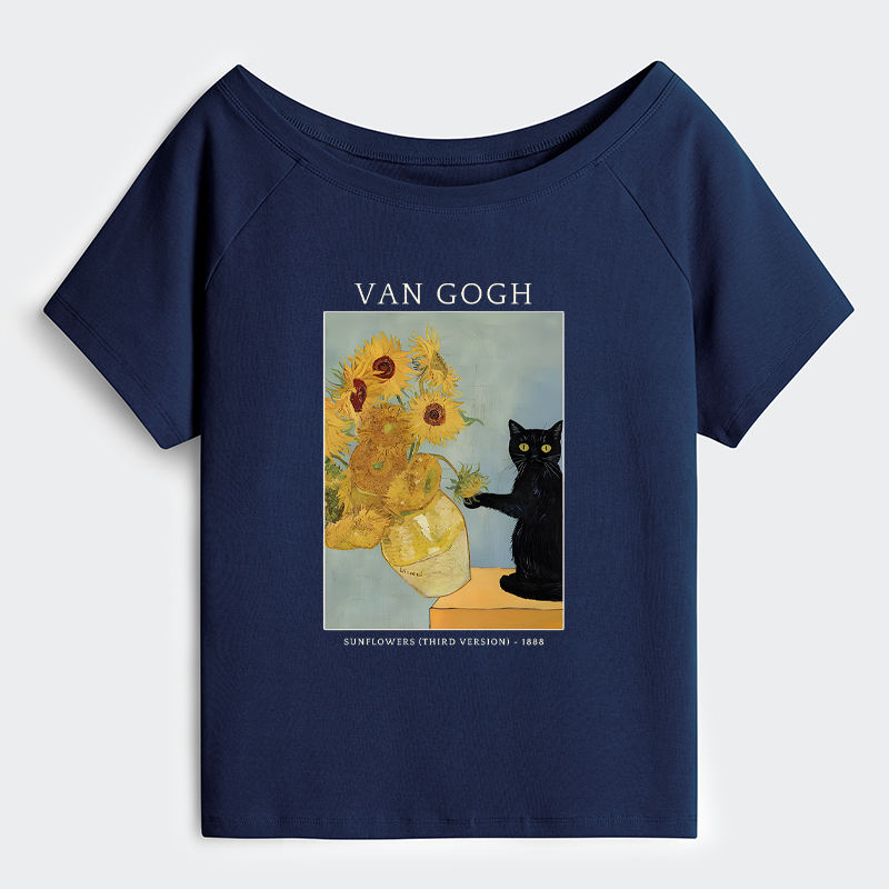 Tokyo-Tiger Black Cat With Sunflowers Off Shoulder T-Shirt