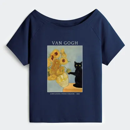 Tokyo-Tiger Black Cat With Sunflowers Off Shoulder T-Shirt