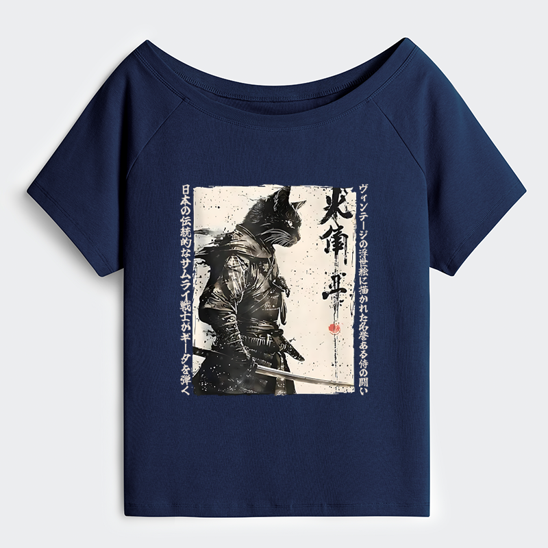 Tokyo-Tiger Cat Samurai Retro Off Shoulder T-Shirt