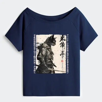 Tokyo-Tiger Cat Samurai Retro Off Shoulder T-Shirt
