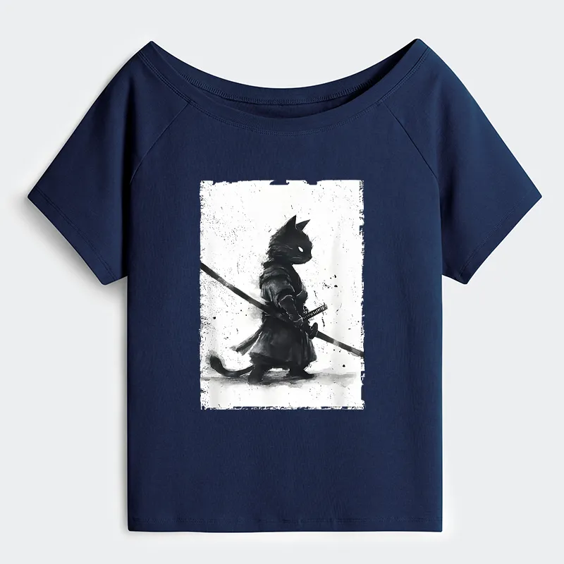 Tokyo-Tiger Retro Cat Samurai Japanese Shoulder T-Shirt