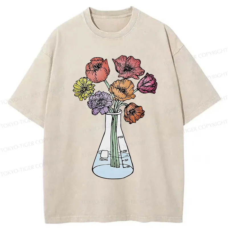 Tokyo-Tiger Beaker Flower Art Washed T-Shirt