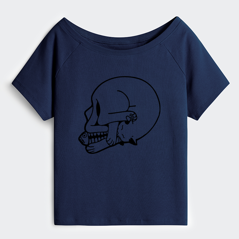 Tokyo-Tiger Funny Cat Eating Fish Off Shoulder T-Shirt