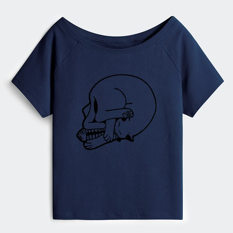 Tokyo-Tiger Funny Cat Eating Fish Off Shoulder T-Shirt