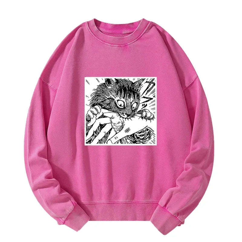 Tokyo-Tiger Creepy Cat Anime Horror Anteater Washed Sweatshirt