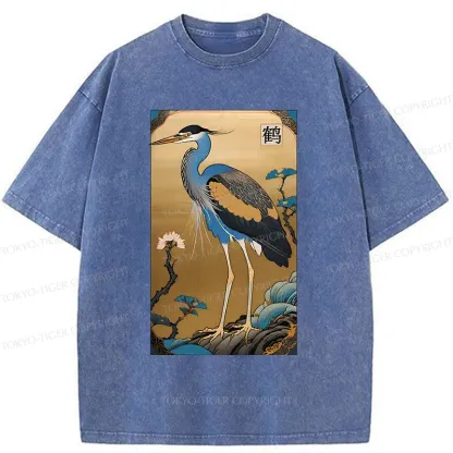 Tokyo-Tiger Ukiyo-e Japanese Cranes Washed T-Shirt
