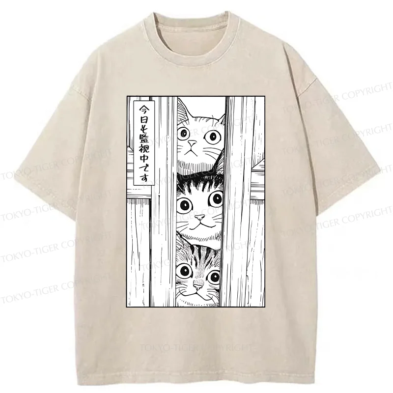 Tokyo-Tiger Three Cats Watching You Washed T-Shirt