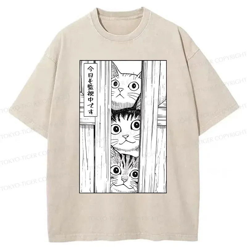 Tokyo-Tiger Three Cats Watching You Washed T-Shirt