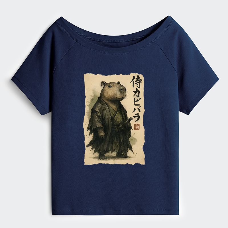 Tokyo-Tiger Capybara Samurai Off Shoulder T-Shirt