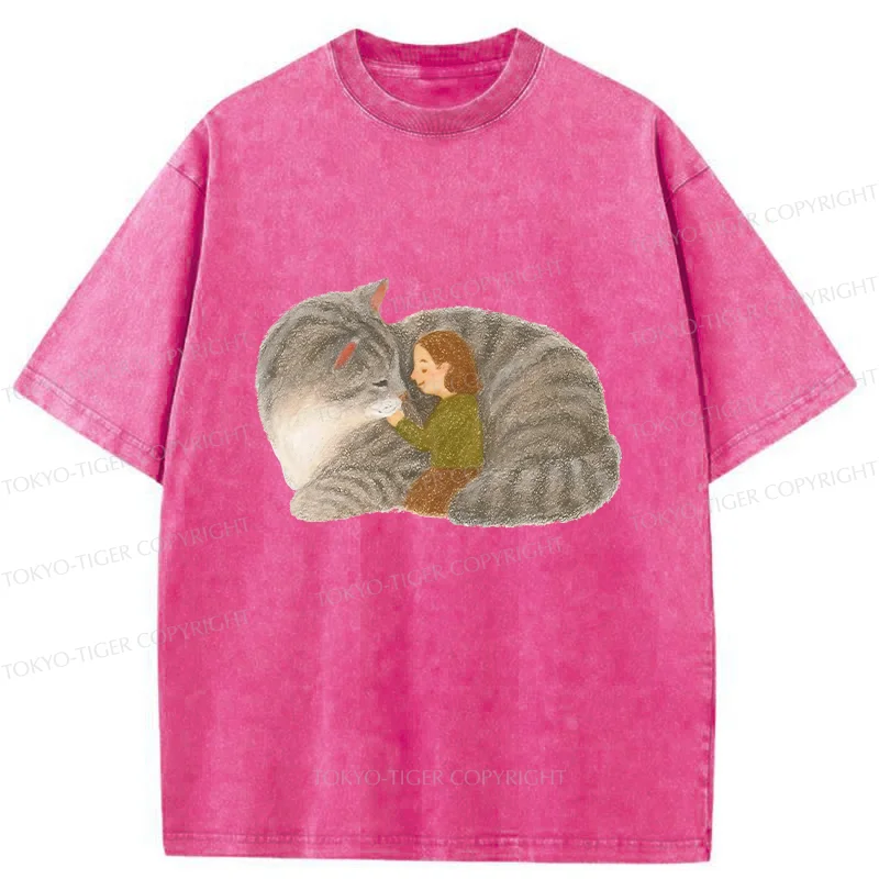 Tokyo-Tiger Girl Hugging Cat Washed T-Shirt