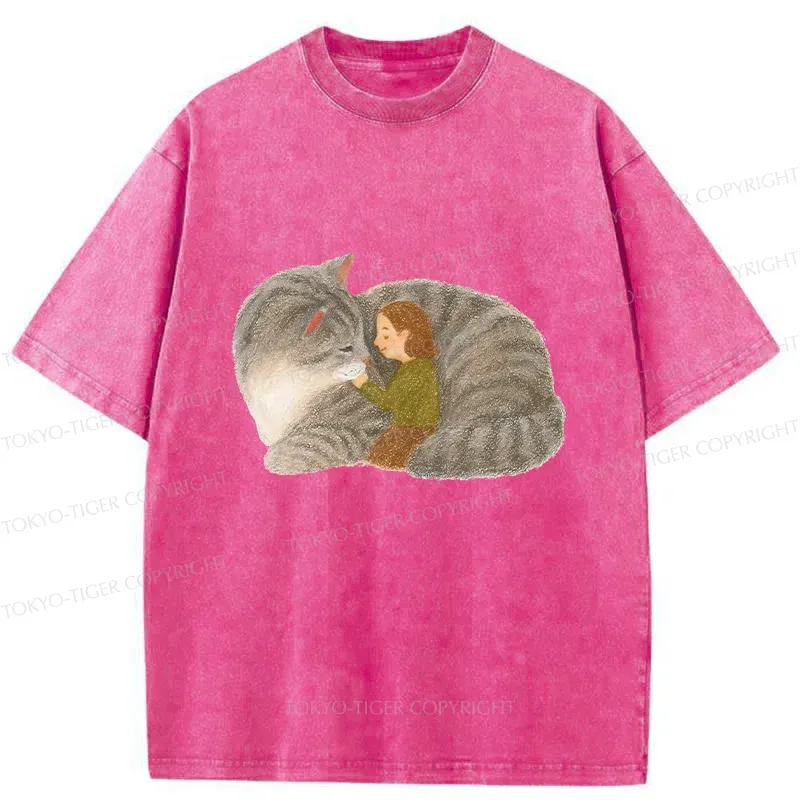 Tokyo-Tiger Girl Hugging Cat Washed T-Shirt