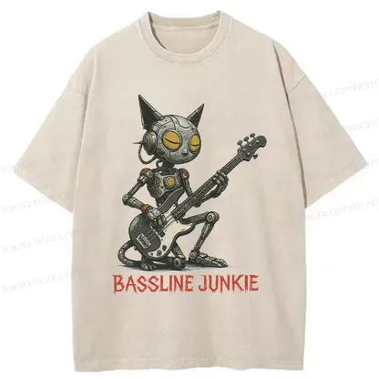 Tokyo-Tiger Robot Cat Playing Bass Washed T-Shirt