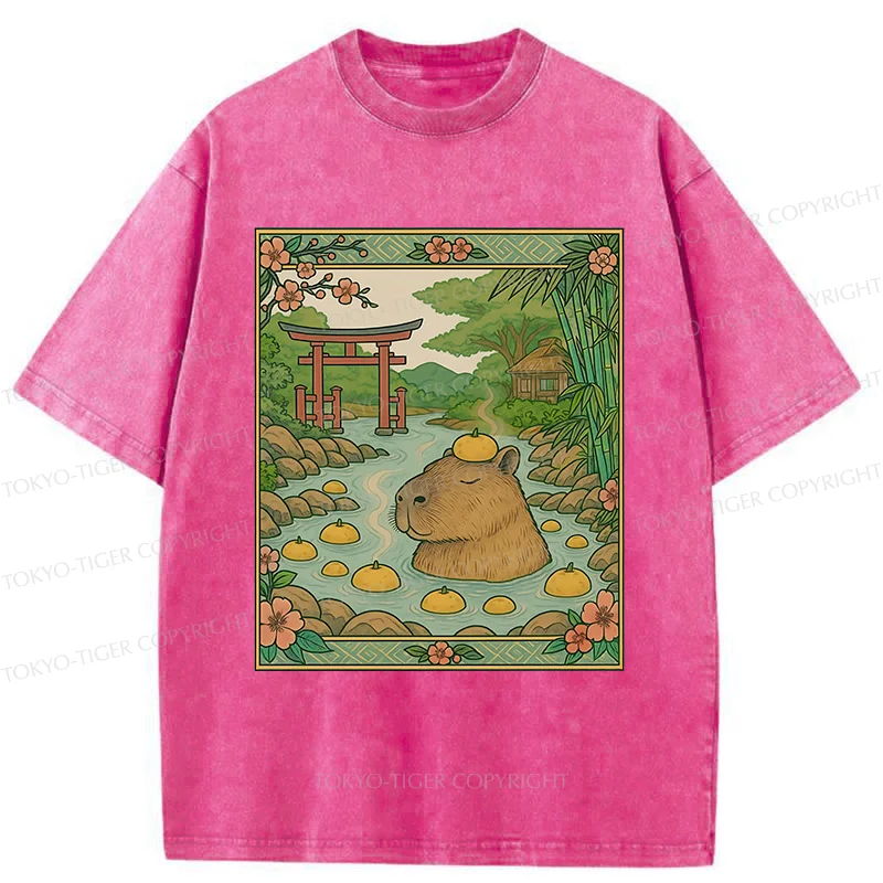 Tokyo-Tiger Bathing Capybara Ukiyoe Washed T-Shirt