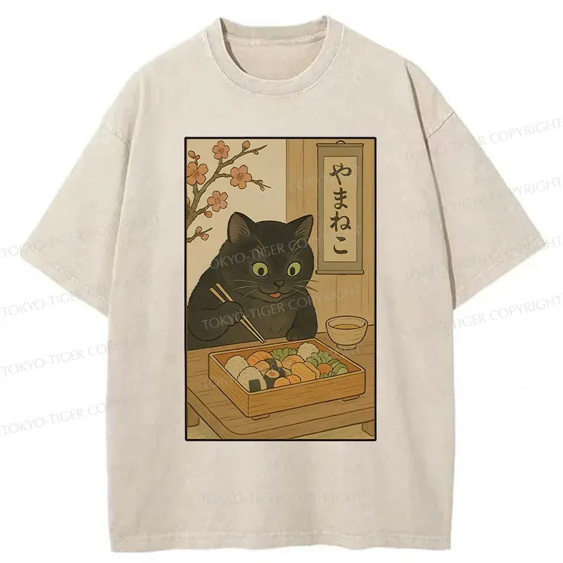 Tokyo-Tiger Black Cat Eating Sushi Washed T-Shirt
