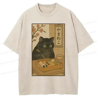 Tokyo-Tiger Black Cat Eating Sushi Washed T-Shirt