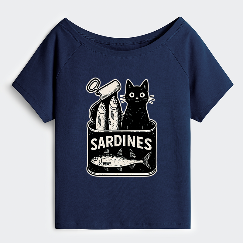 Tokyo-Tiger Cat And Canned Fish Off Shoulder T-Shirt