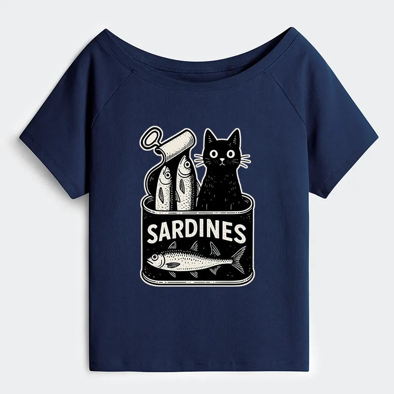 Tokyo-Tiger Cat And Canned Fish Off Shoulder T-Shirt