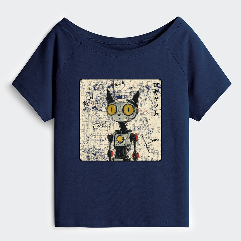 Tokyo-Tiger Robot Cat Off Shoulder T-Shirt