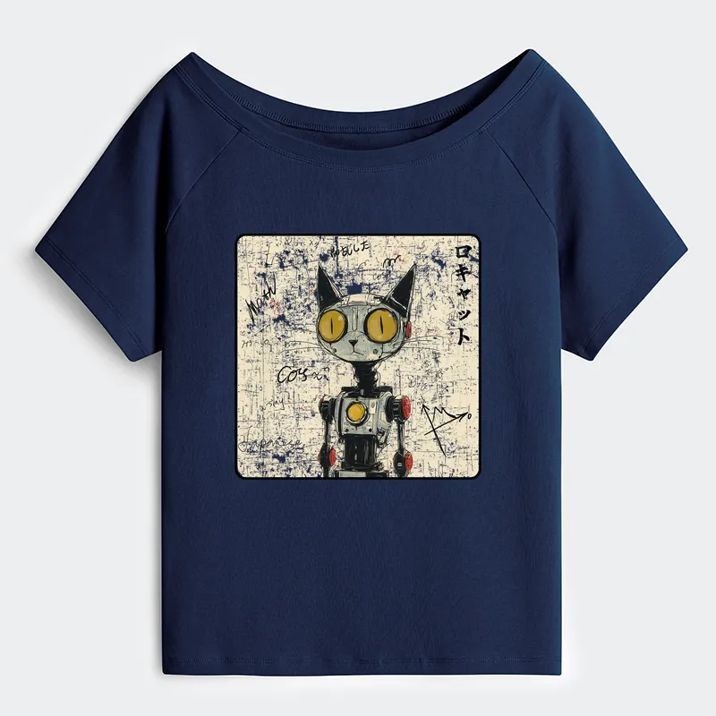 Tokyo-Tiger Robot Cat Off Shoulder T-Shirt