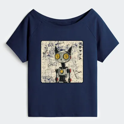 Tokyo-Tiger Robot Cat Off Shoulder T-Shirt