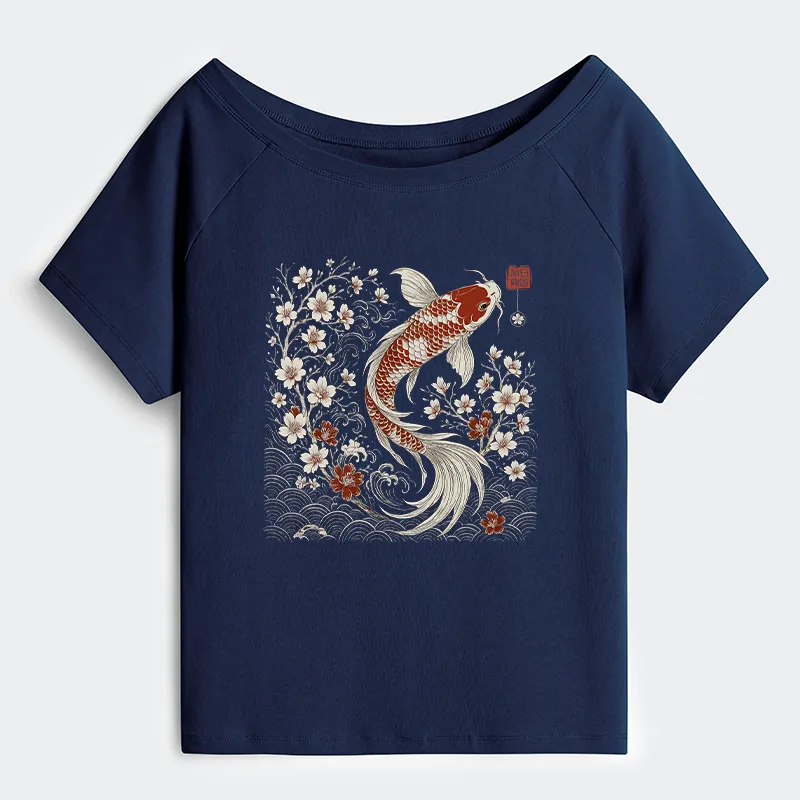 Tokyo-Tiger Vintage Sakura And Koi Off Shoulder T-Shirt