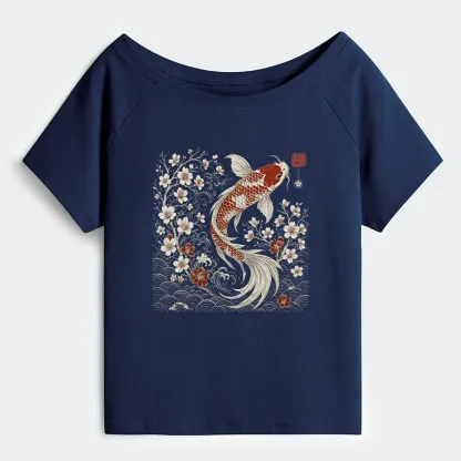 Tokyo-Tiger Vintage Sakura And Koi Off Shoulder T-Shirt