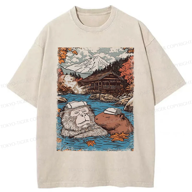 Tokyo-Tiger Monkeys And Capybaras Taking A Bath Washed T-Shirt