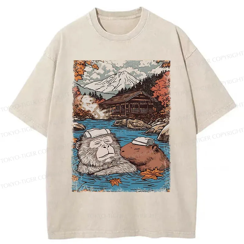 Tokyo-Tiger Monkeys And Capybaras Taking A Bath Washed T-Shirt