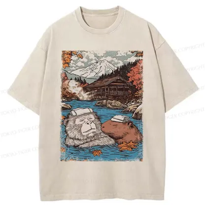 Tokyo-Tiger Monkeys And Capybaras Taking A Bath Washed T-Shirt