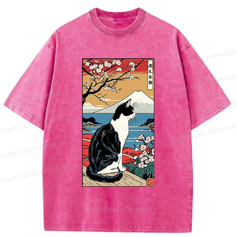 Tokyo-Tiger Thinking Cat Poster Washed T-Shirt