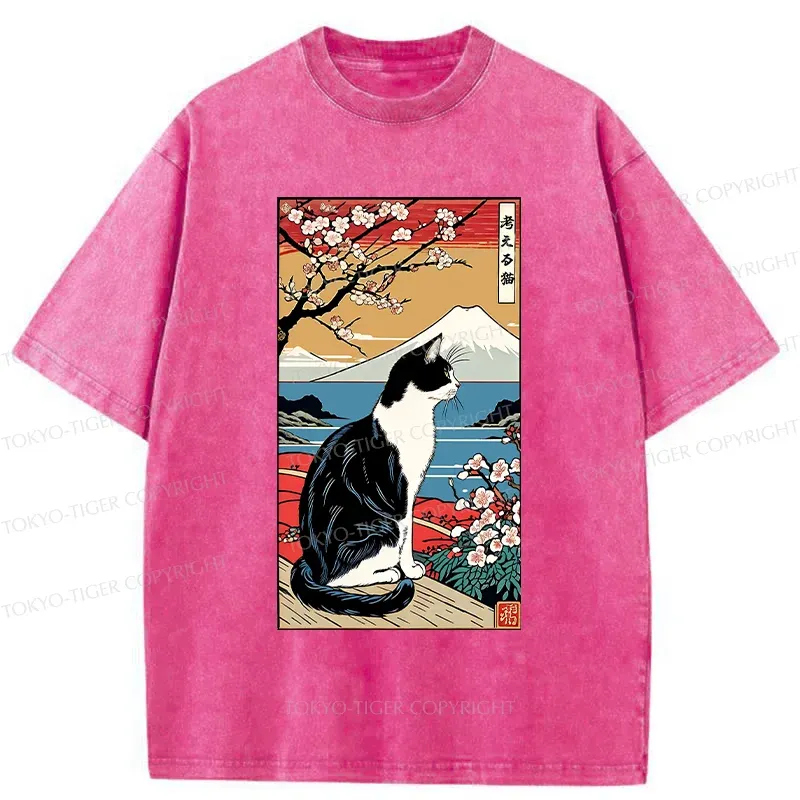 Tokyo-Tiger Thinking Cat Poster Washed T-Shirt