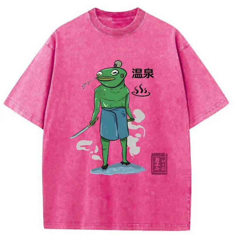 Tokyo-Tiger Frog Samurai Bathing In Hot Spring Washed T-Shirt
