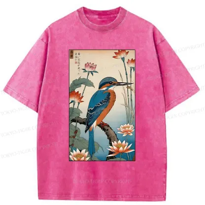 Tokyo-Tiger Ukiyo-e Kingfisher Washed T-Shirt