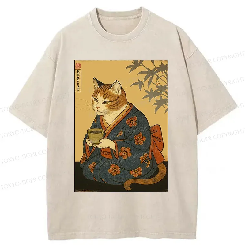 Tokyo-Tiger Ukiyoe Cat Drinking Tea Washed T-Shirt