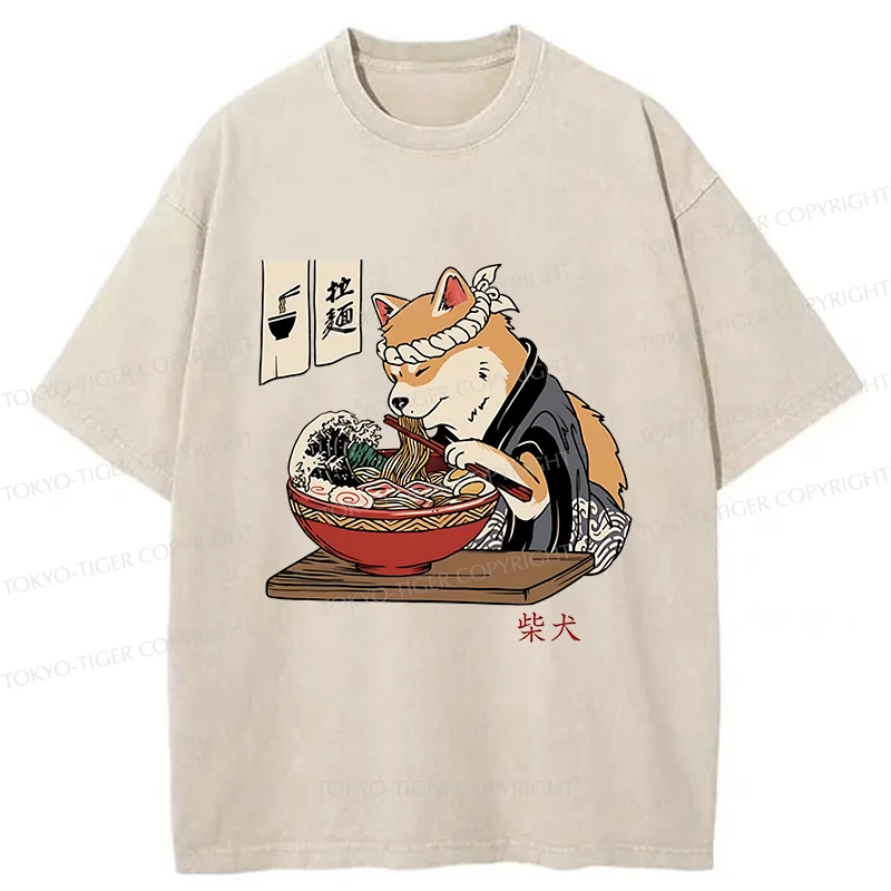 Tokyo-Tiger Shiba Inu Eating Ramen Japan Washed T-Shirt