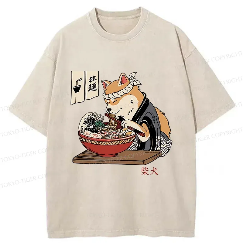 Tokyo-Tiger Shiba Inu Eating Ramen Japan Washed T-Shirt