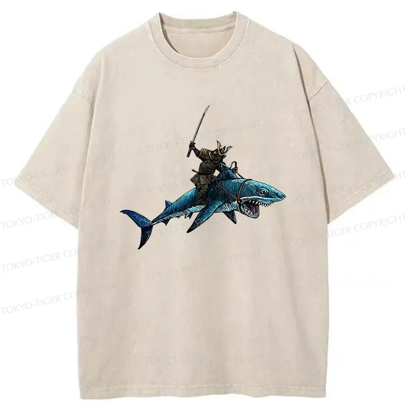 Tokyo-Tiger Samurai Riding A Shark Washed T-Shirt