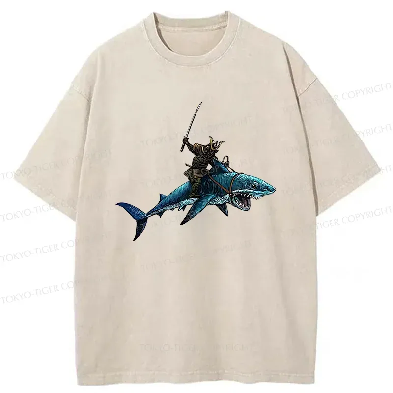 Tokyo-Tiger Samurai Riding A Shark Washed T-Shirt