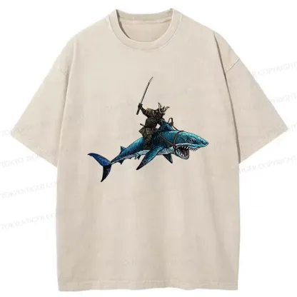 Tokyo-Tiger Samurai Riding A Shark Washed T-Shirt