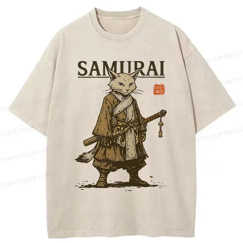 Tokyo-Tiger Samurai Cat Japan Washed T-Shirt Sale