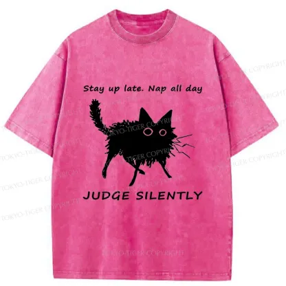Tokyo-Tiger Lazy Black Cat Funny Washed T-Shirt