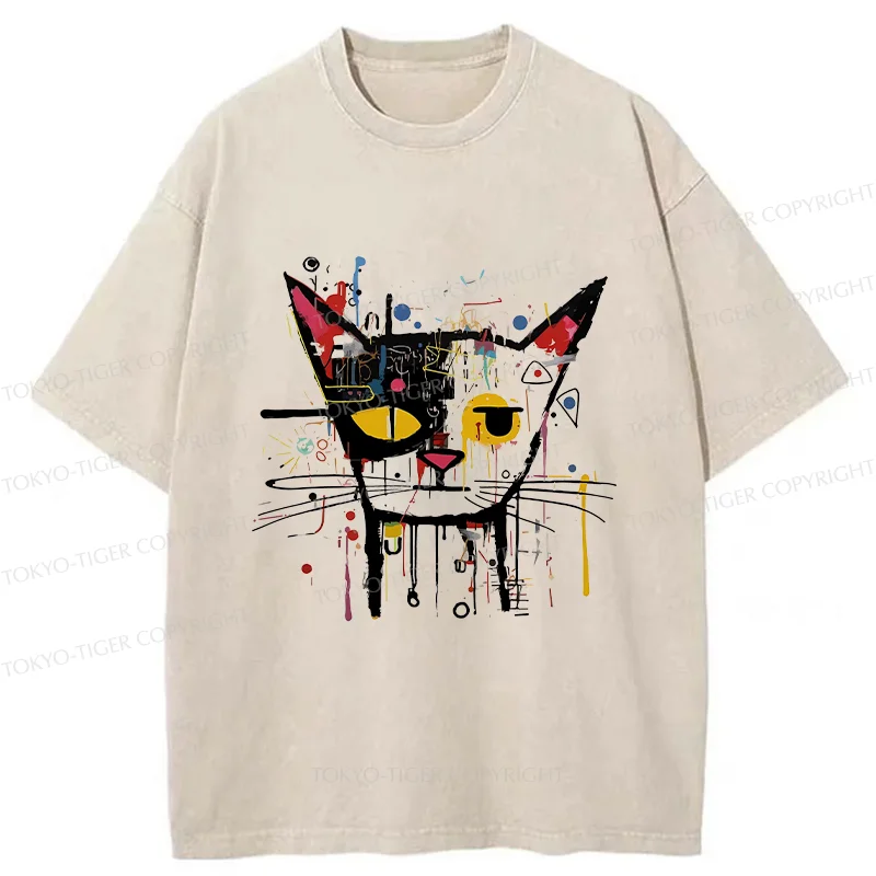 Tokyo-Tiger Abstract Cat Funny Washed T-Shirt