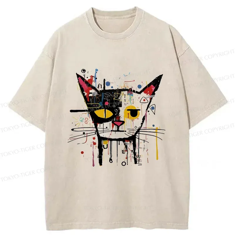 Tokyo-Tiger Abstract Cat Funny Washed T-Shirt