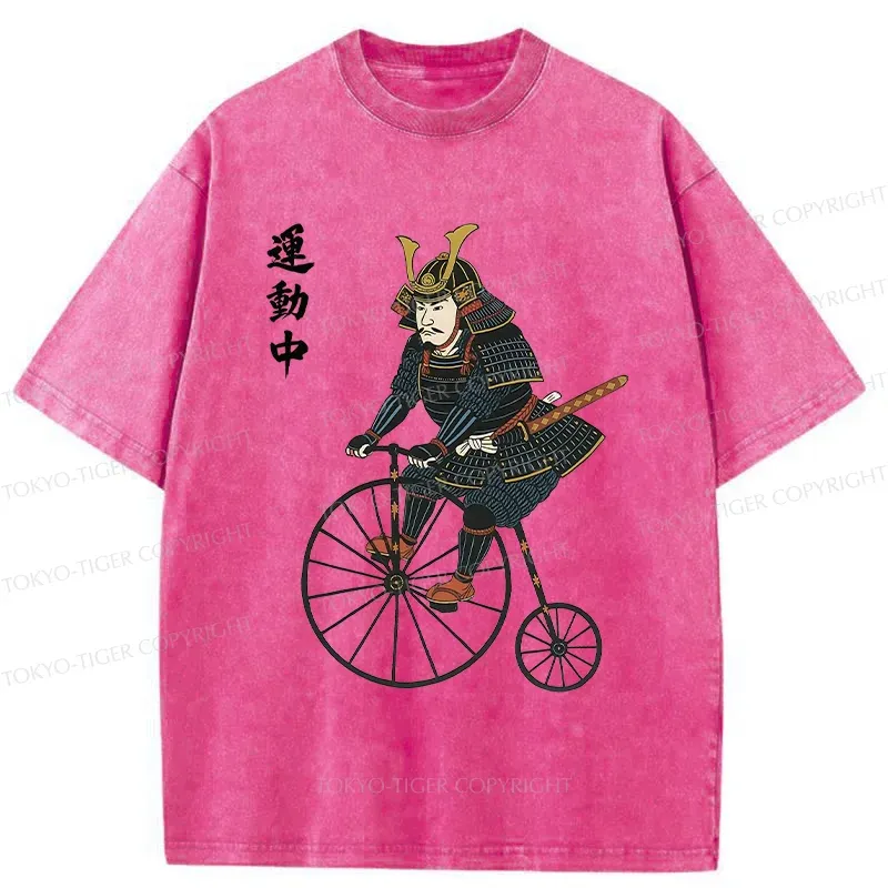 Tokyo-Tiger Samurai Riding Penny-farthing Washed T-Shirt