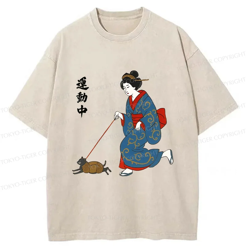 Tokyo-Tiger Geisha Walking Cat Washed T-Shirt