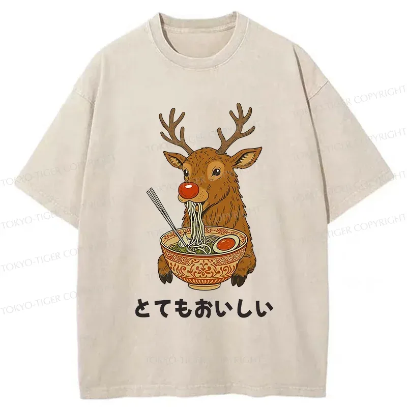 Tokyo-Tiger Reindeer Eating Ramen Washed T-Shirt