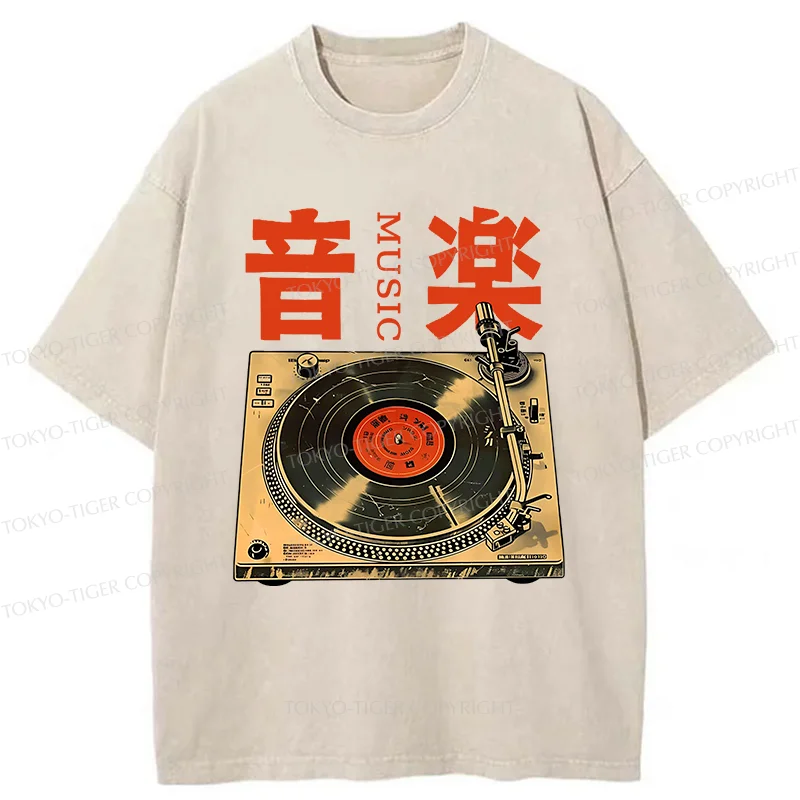 Tokyo-Tiger Retro Music Record Player Washed T-Shirt