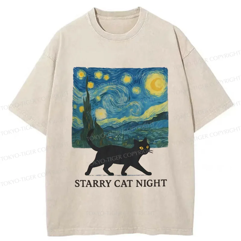 Tokyo-Tiger Cat Walking Under The Stars Washed T-Shirt